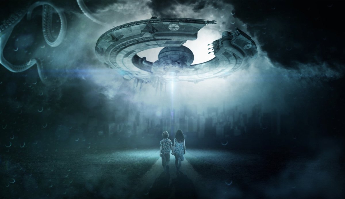 Illustration von Menschen vor einem UFO