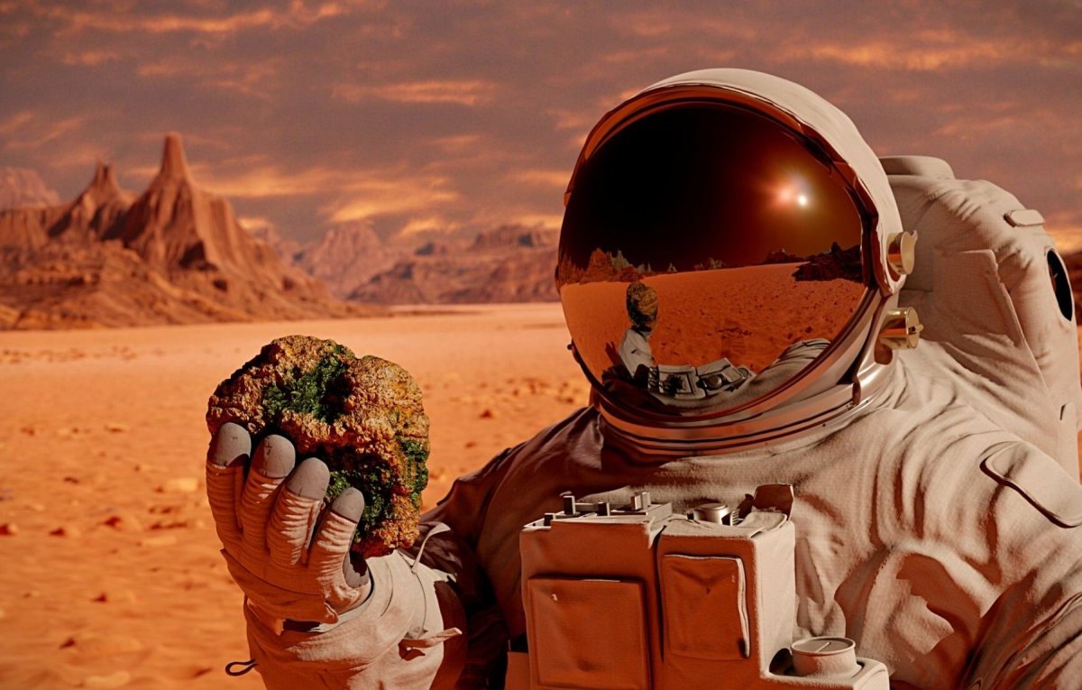 Astronaut mit Mars-Gestein in der Hand