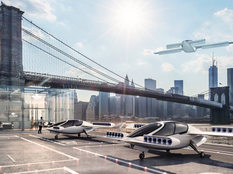New Yorker Skyline mit Flugtaxi-"Parkplätzen" davor