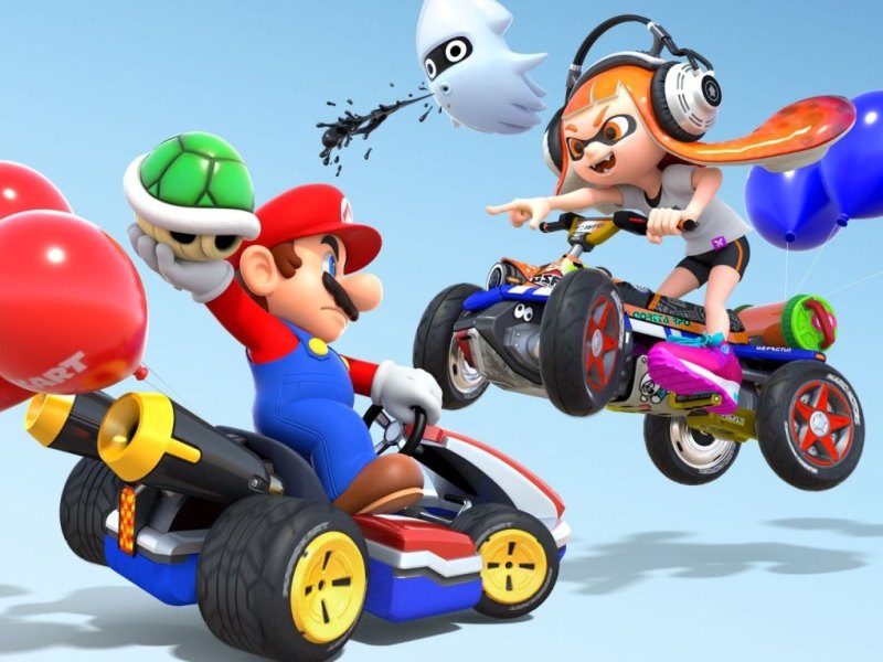 Mario und der weibliche Splatoon-Inkling im Kart-Duell