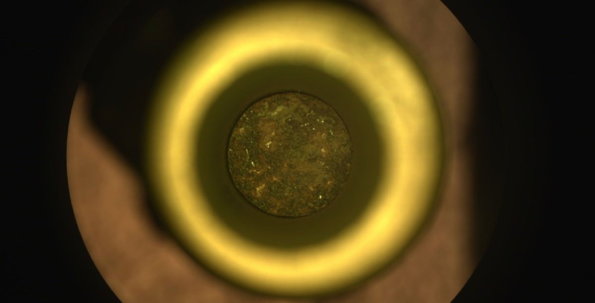 Die erste entkernte Gesteinsprobe vom Mars ist in diesem Bild der Sampling and Caching System Camera des Mars-Rovers Perseverance der NASA in einem Titan-Probensammelrohr zu sehen.