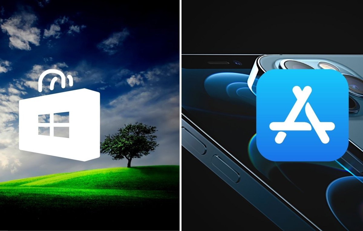 Logos vom Microsoft Store und Apples App Store