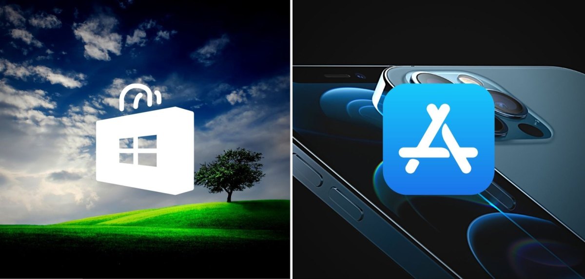 Logos vom Microsoft Store und Apples App Store