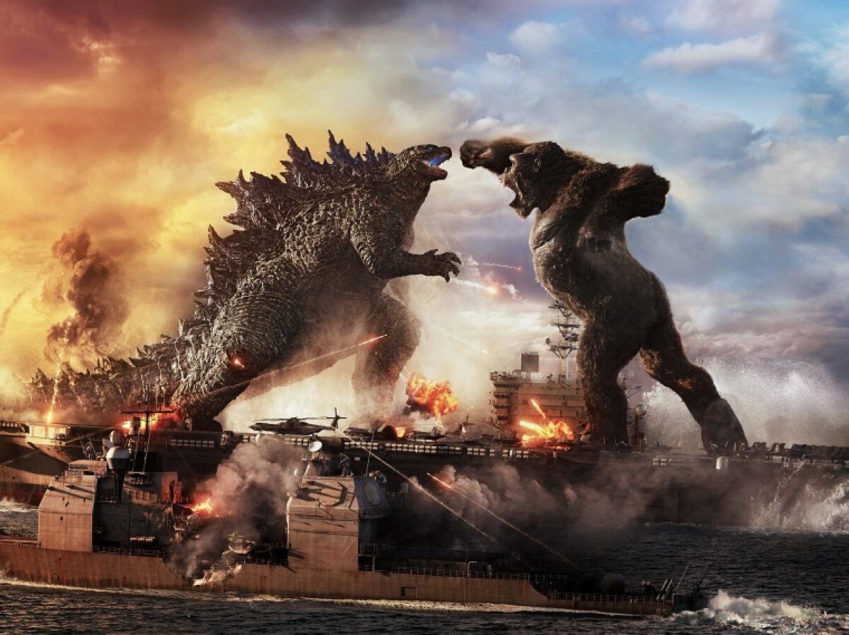 Szenenbild aus Godzilla vs. Kong. Godzilla und Kong kämpfen gegeneinander.