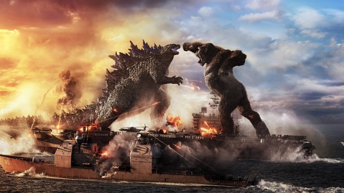 Szenenbild aus Godzilla vs. Kong. Godzilla und Kong kämpfen gegeneinander.