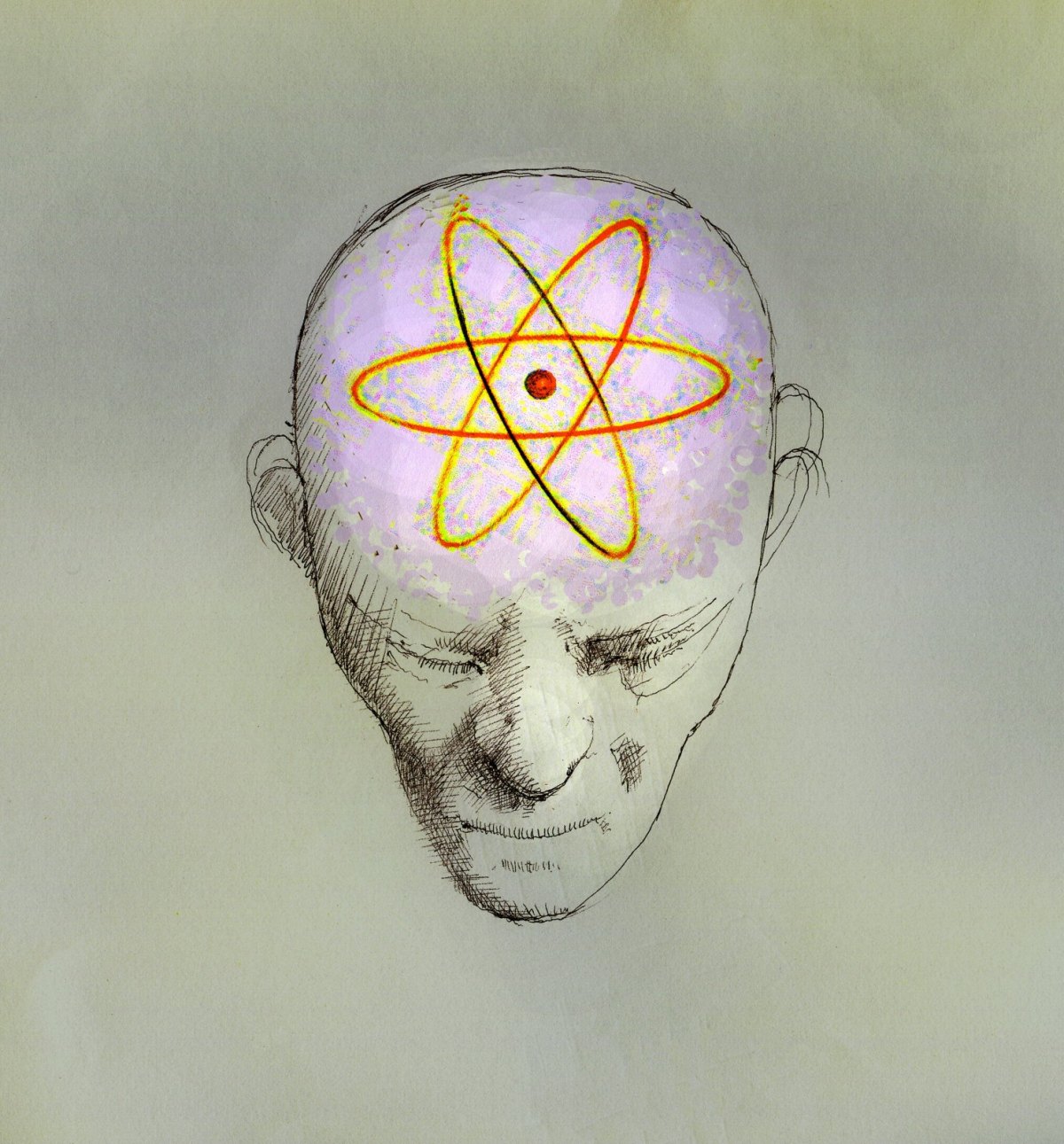 Illustration eines Kopfes mit Atom-Zeichen
