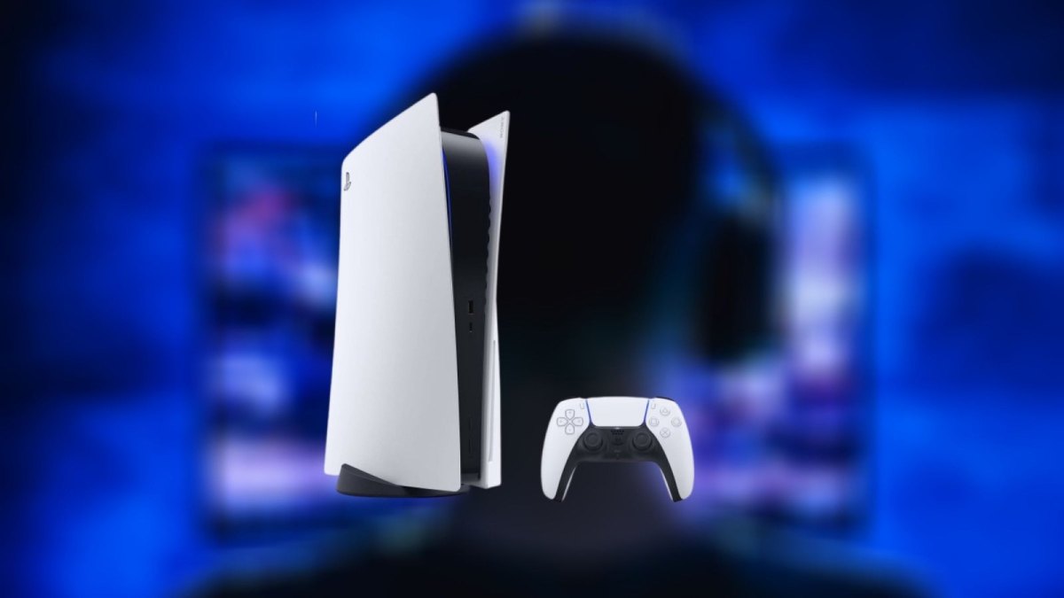 PlayStation 5 vor einem Fernseher und einem Gamer mit Headset