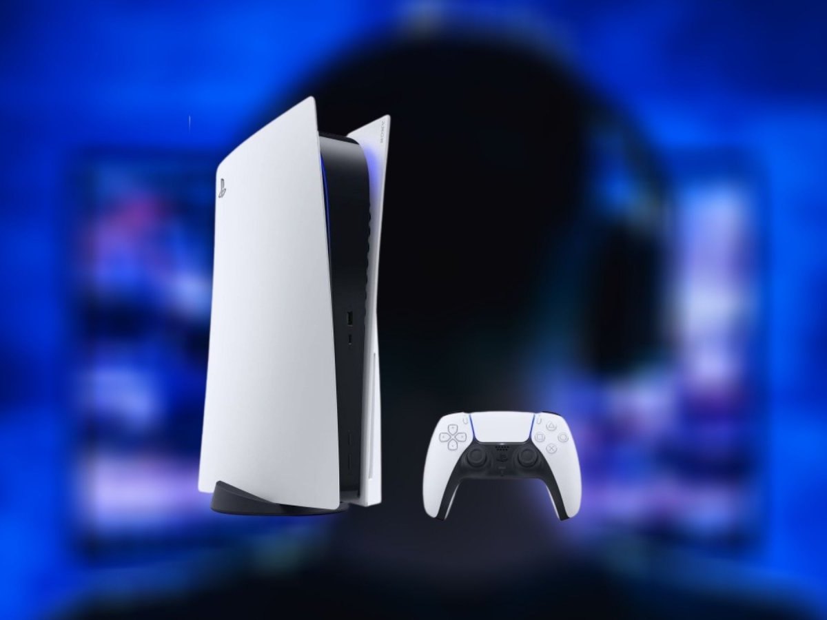 PlayStation 5 vor einem Fernseher und einem Gamer mit Headset