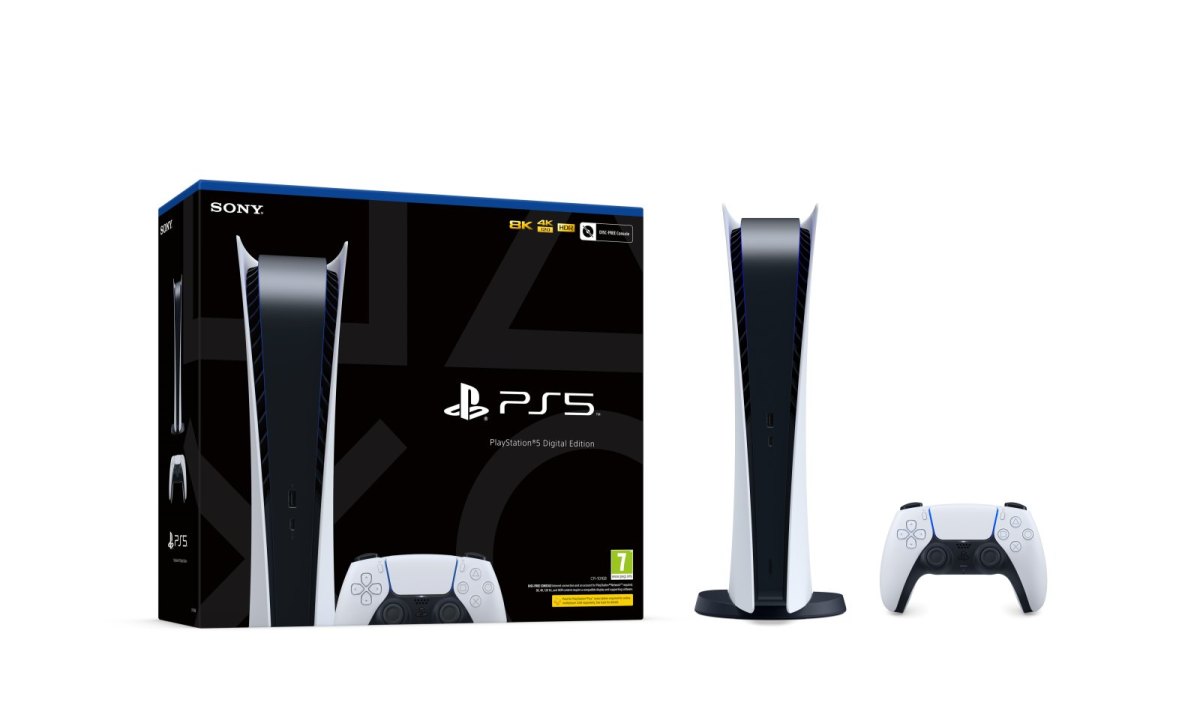 PlayStation 5 Digital Edition mit DualSense und Verpackung