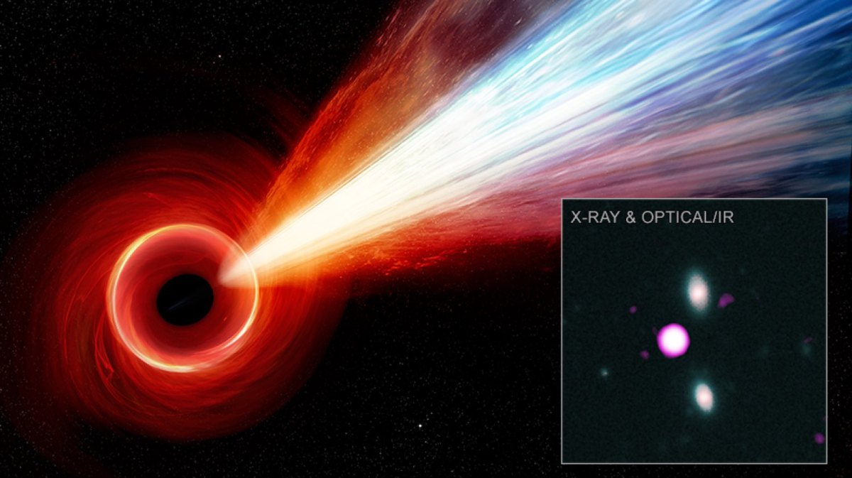 Eine Illustration des Quasars PJ352-15 und die tatsächliche Aufnahme des Chandra X-ray Observatory (r.).