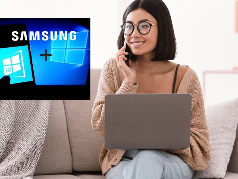 Frau am Handy und Laptop. Samsung- und Windows 10-Logo.