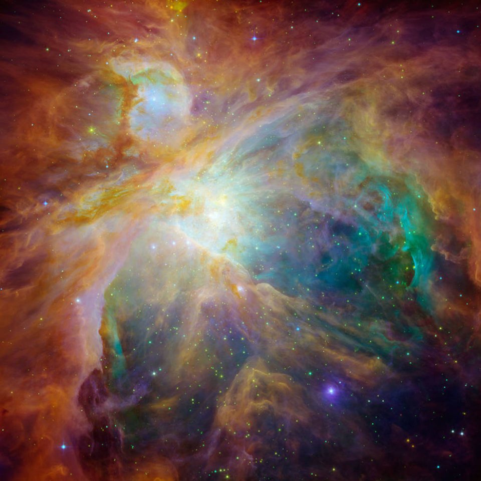 Sowohl das Spitzer-Teleskop als auch das Weltraumteleskop Hubble haben zu diesem lebhaften Bild beigetragen: