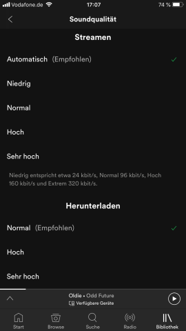 Auf dem Smartphone könnt ihr bei den Spotify Einstellungen die Soundqualität einstellen.