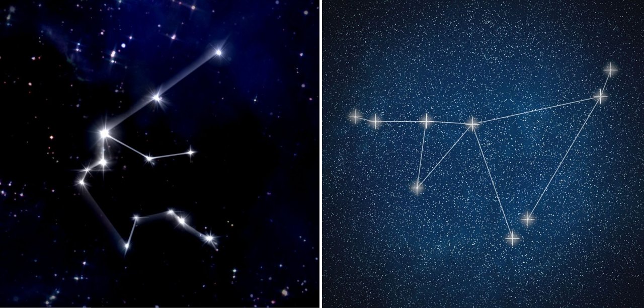 Die Sternzeichen Wassermann (links) und Steinbock (rechts). Halte nach ihnen Ausschau, um die Planeten Jupiter und Saturn zu entdecken.