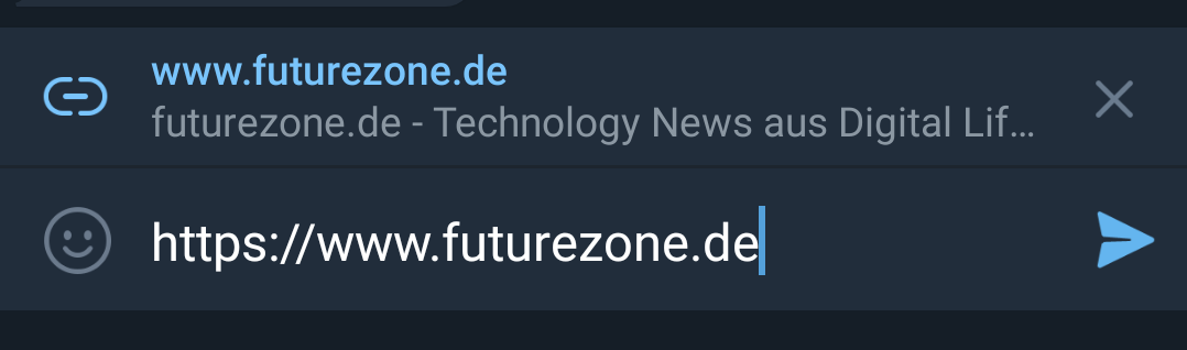 Wir machen den Heise-Test: Nur das Eintippen einer URL erzeugt bei Telegram eine Vorschau, noch bevor wir die Nachricht abgesendet haben.