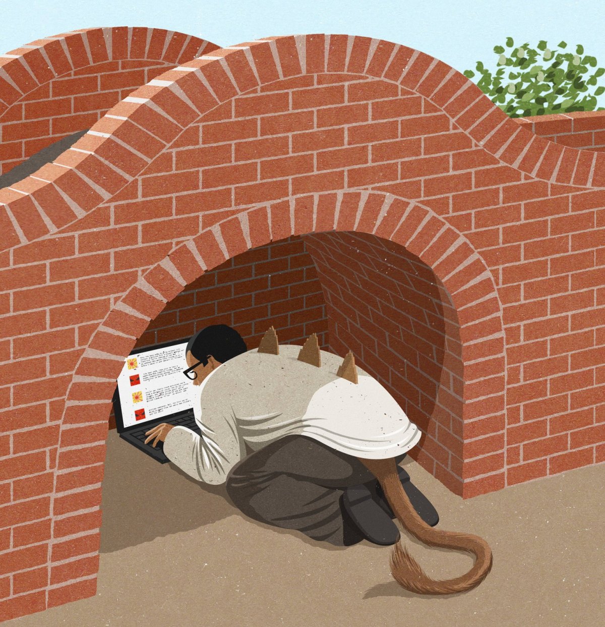 Mann als Internet-Troll versteckt sich unter einer Brücke (Illustration)