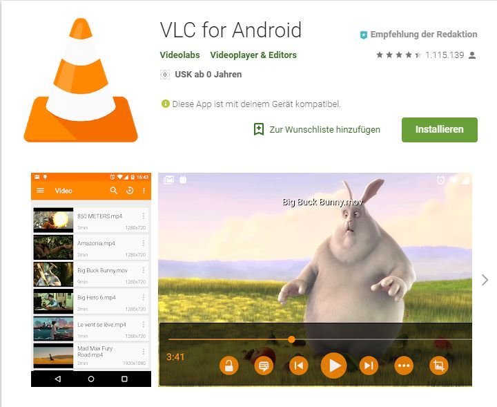 Die VLC-App gibt es auch im Google Play Store für Android-Handys zum Download.