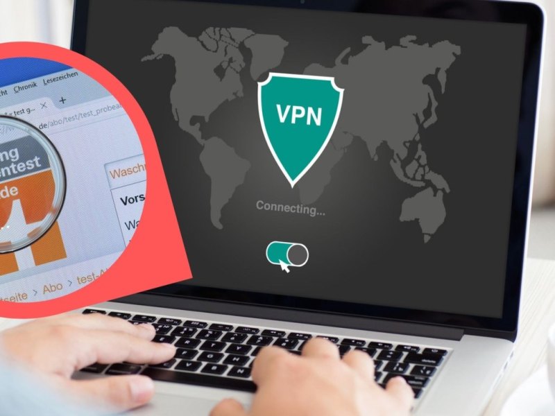 VPN auf dem Laptop mit Stiftung Warentest-Logo.