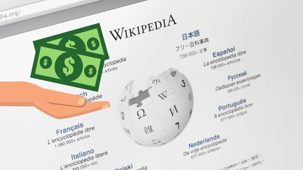 Wikipedia Logo und eine Hand