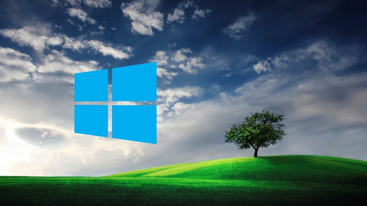 Windows 10 Logo und eine Variante des ikonischen Windows-Hintergrunds