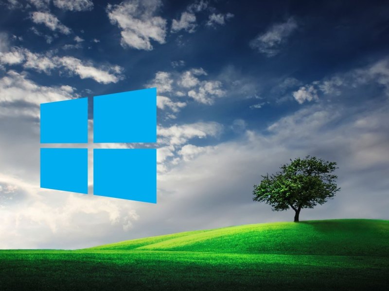 Windows 10 Logo und eine Variante des ikonischen Windows-Hintergrunds