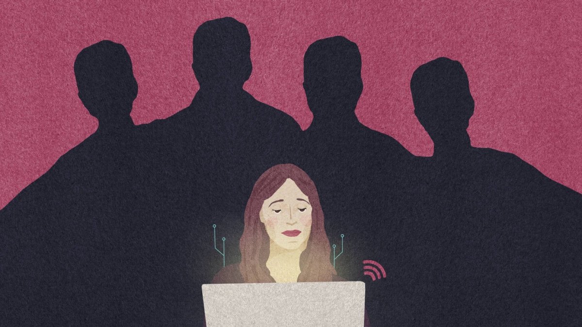 Illustration einer Frau vor ihrem Laptop mit mehreren Schattenpersonen im Hintergrund