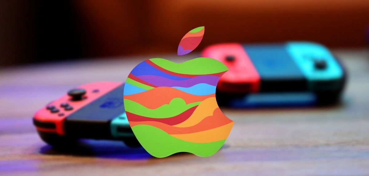 Apple-Logo vor einer Nintendo Switch