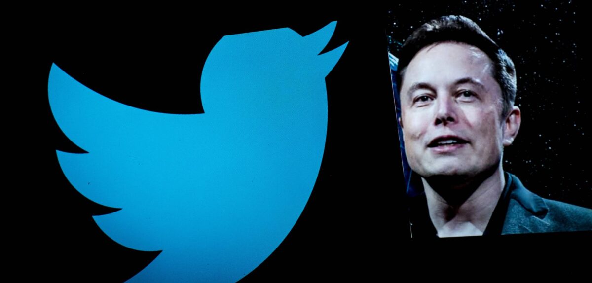 Elon Musk neben einem Twitter-Logo.