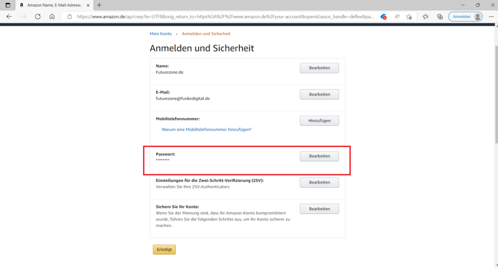 Amazon Bearbeitungsmenü Passwort