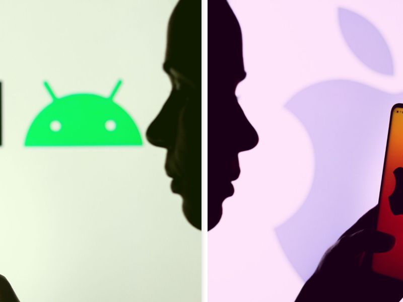 Android- neben Apple-Logo auf zwei Smartphones