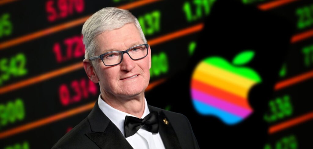 Tim Cook vor einem Apple-Logo