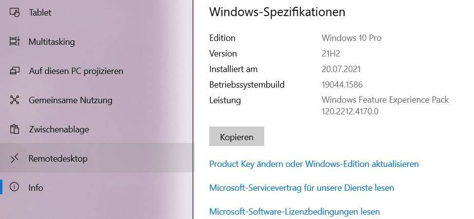Einstellungsfenster Windows 10