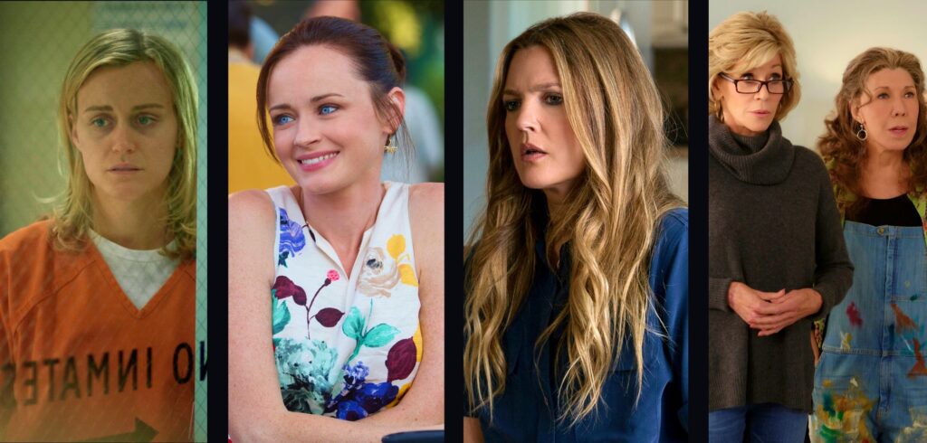 Szenenbilder der Netflix-Serien Orange Is The New Black, Gilmore Girls: Ein neues Jahr, Santa Clarita Diet und Grace and Franky.