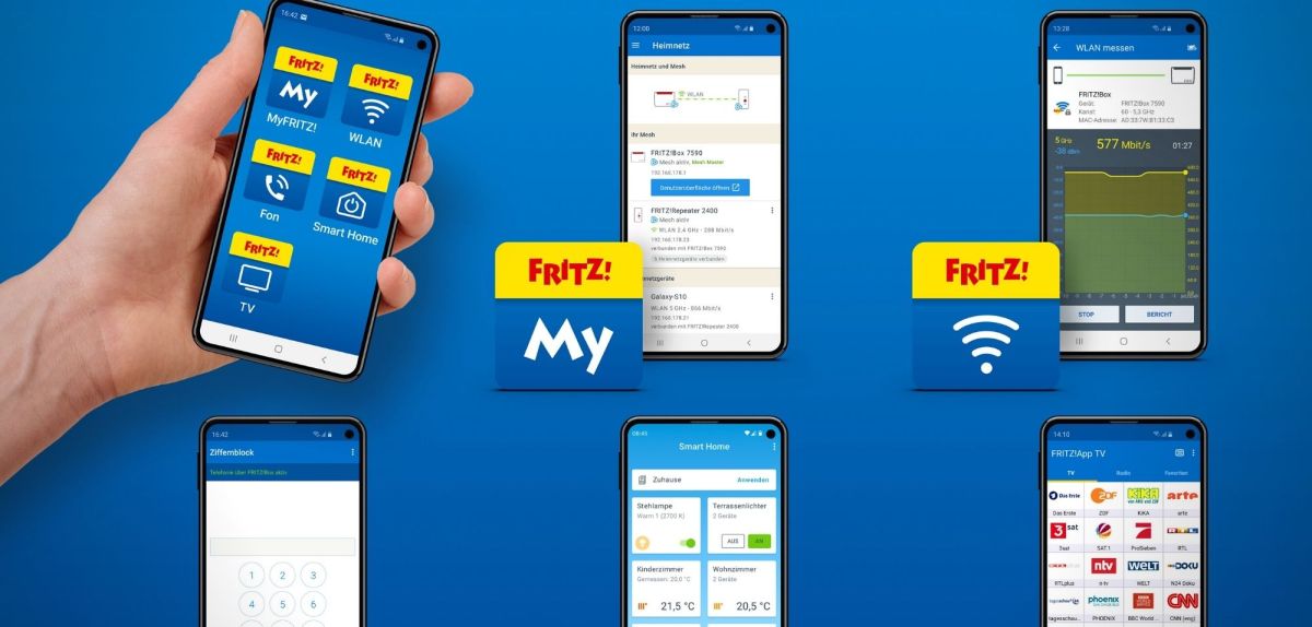 Verschiedene Handys, die diverse FritzApps zeigen.