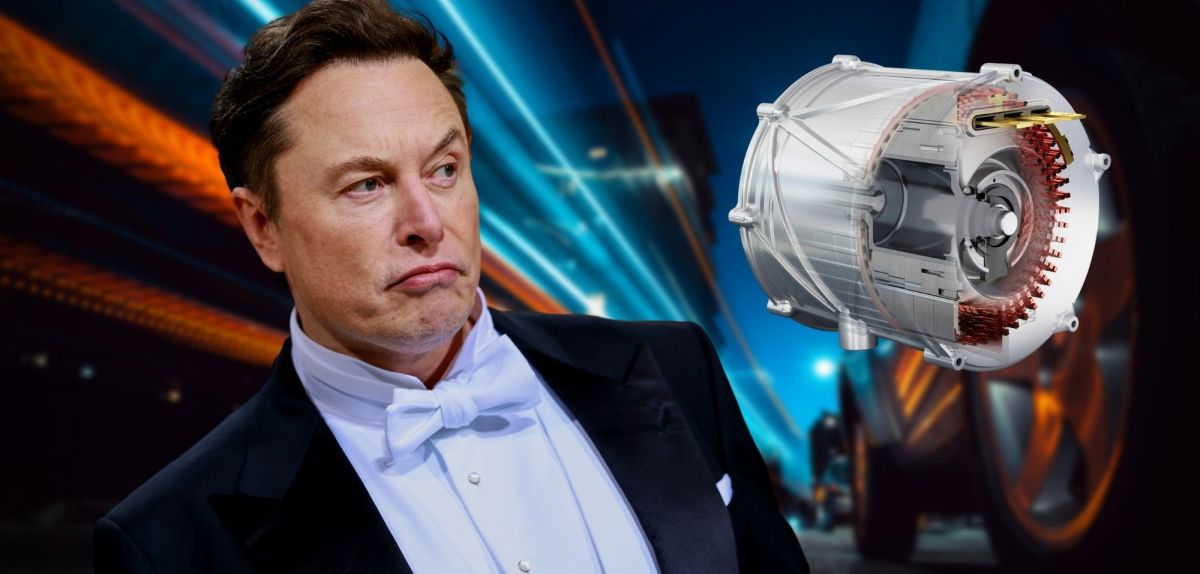 Elon Musk neben einem Elektromotor von Mahle