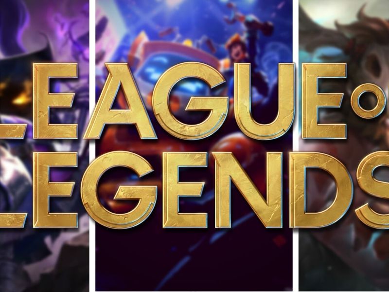 "League of Legends"-Logo über drei Champions