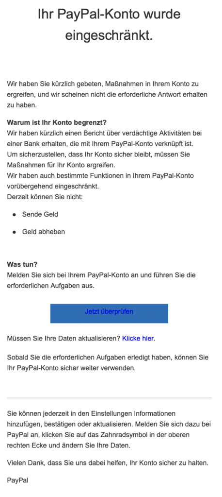 Screenshot einer Betrugsmail im PayPal-Layout.