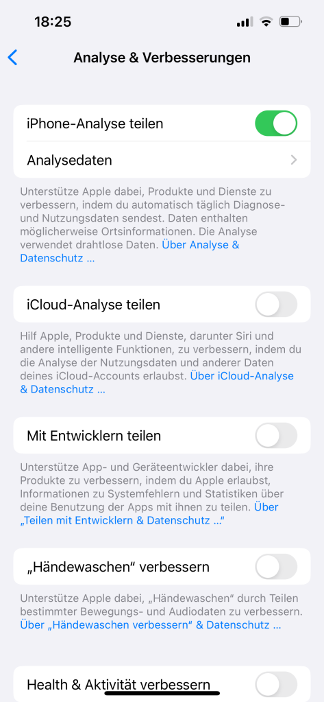 Analyse-Einstellungen am iPhone 13 Pro.