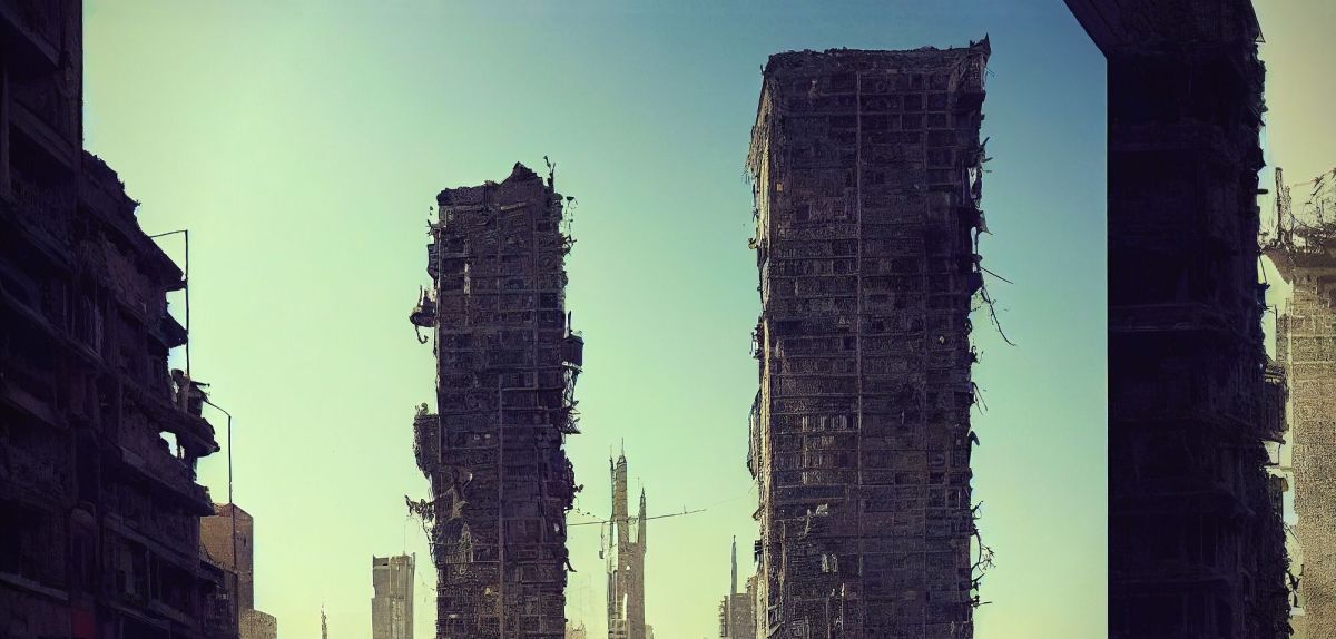 Grafik einer zerstörten Stadt.