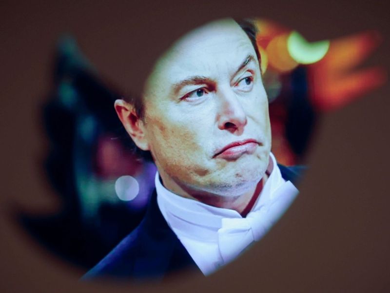 Elon Musk hinter einem ausgeschnittenen Twitter-Logo.