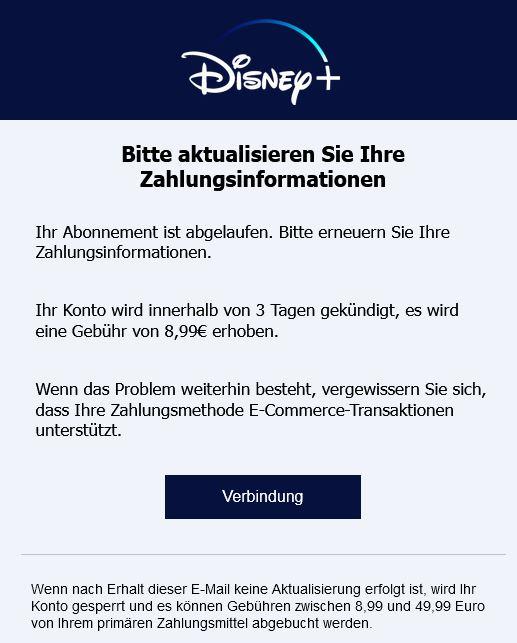 SCreenshot einer Betrugsmail im Disney Plus-Layout.