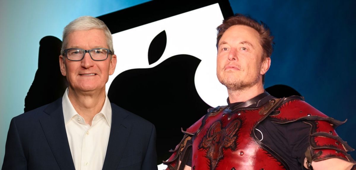 Tim Cook (l.) und Elon Musk (r.) vor einem Smartphone mit Apple-Logo