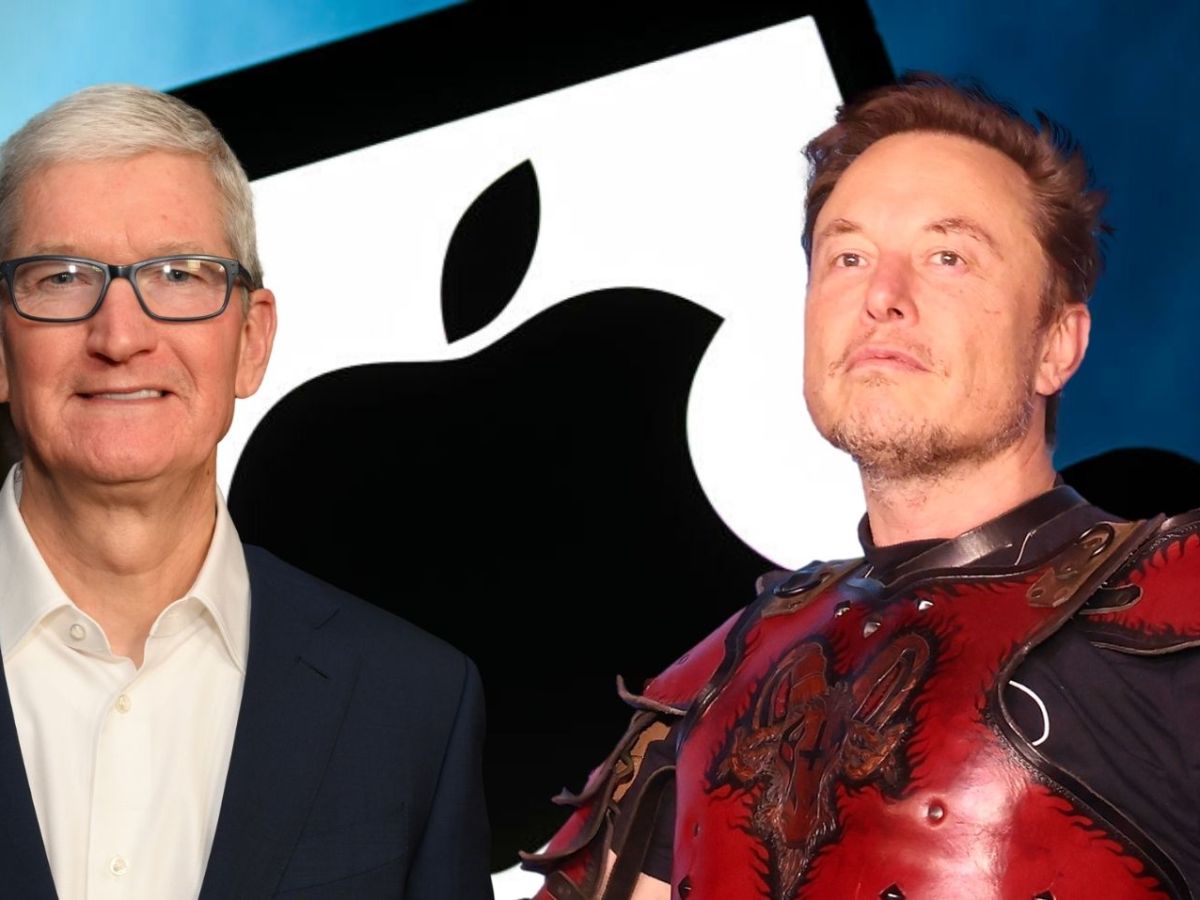 Tim Cook (l.) und Elon Musk (r.) vor einem Smartphone mit Apple-Logo