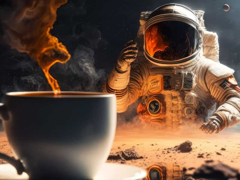 Ein Astronaut vor einer heißen Tasse Kaffee.