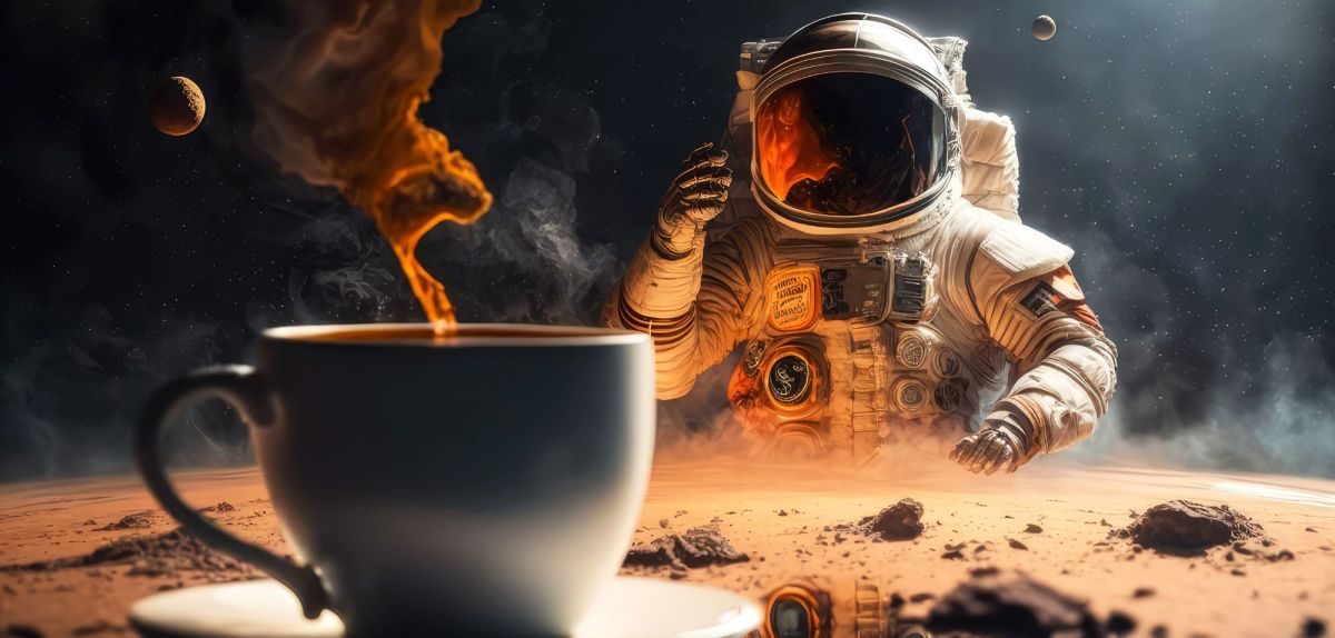 Ein Astronaut vor einer heißen Tasse Kaffee.