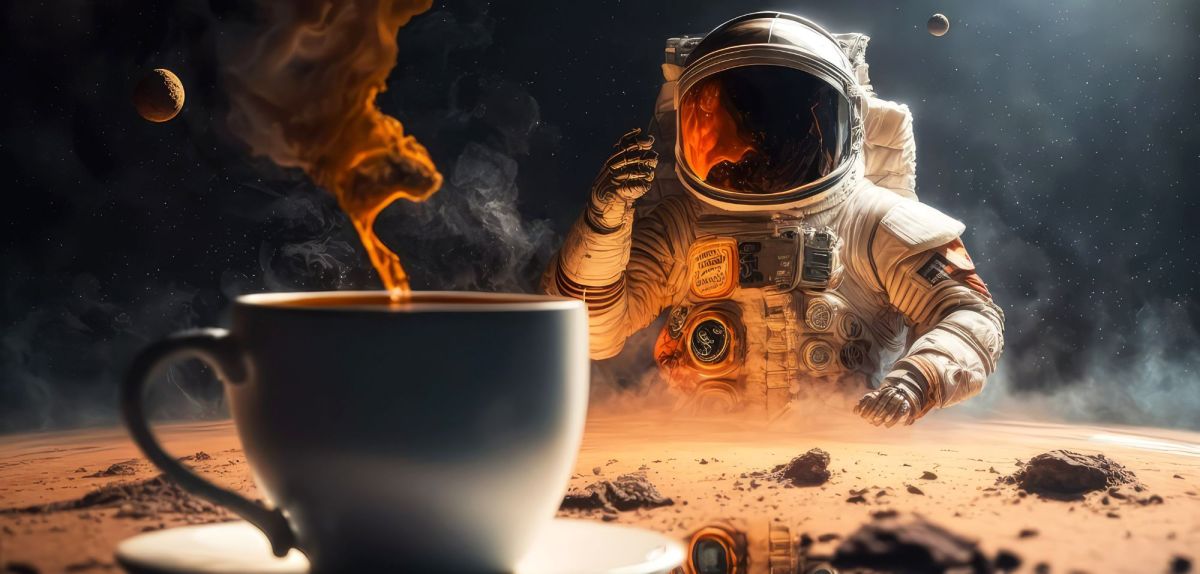 Ein Astronaut vor einer heiÃŸen Tasse Kaffee.