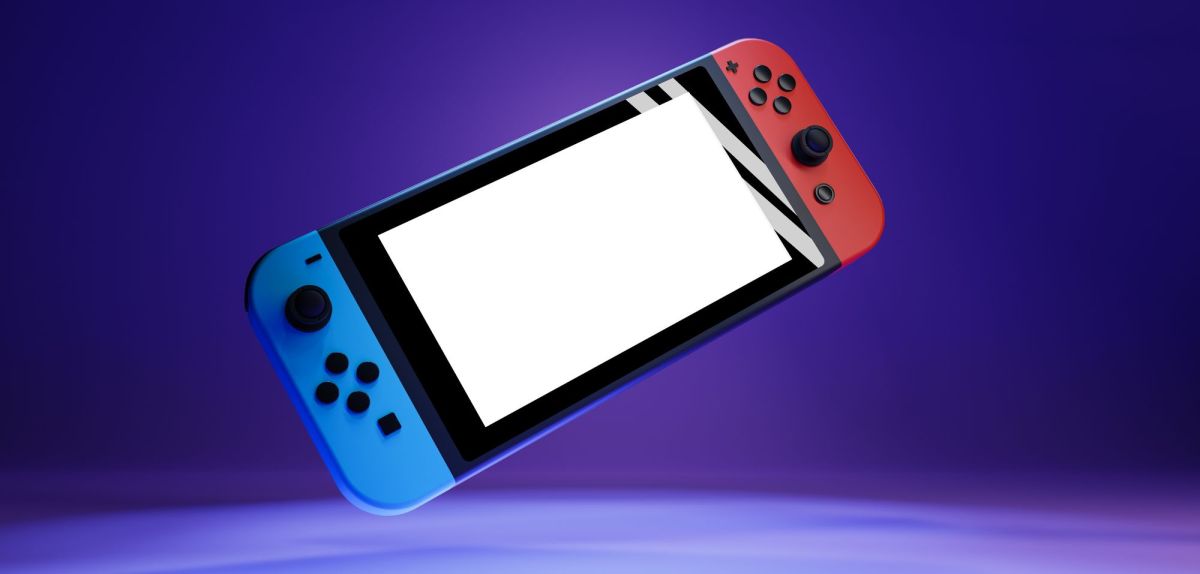 Grafik einer Nintendo Switch vor lilanem Hintergrund.