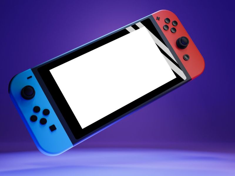 Grafische Darstellung einer Nintendo Switch vor lila Hintergrund.