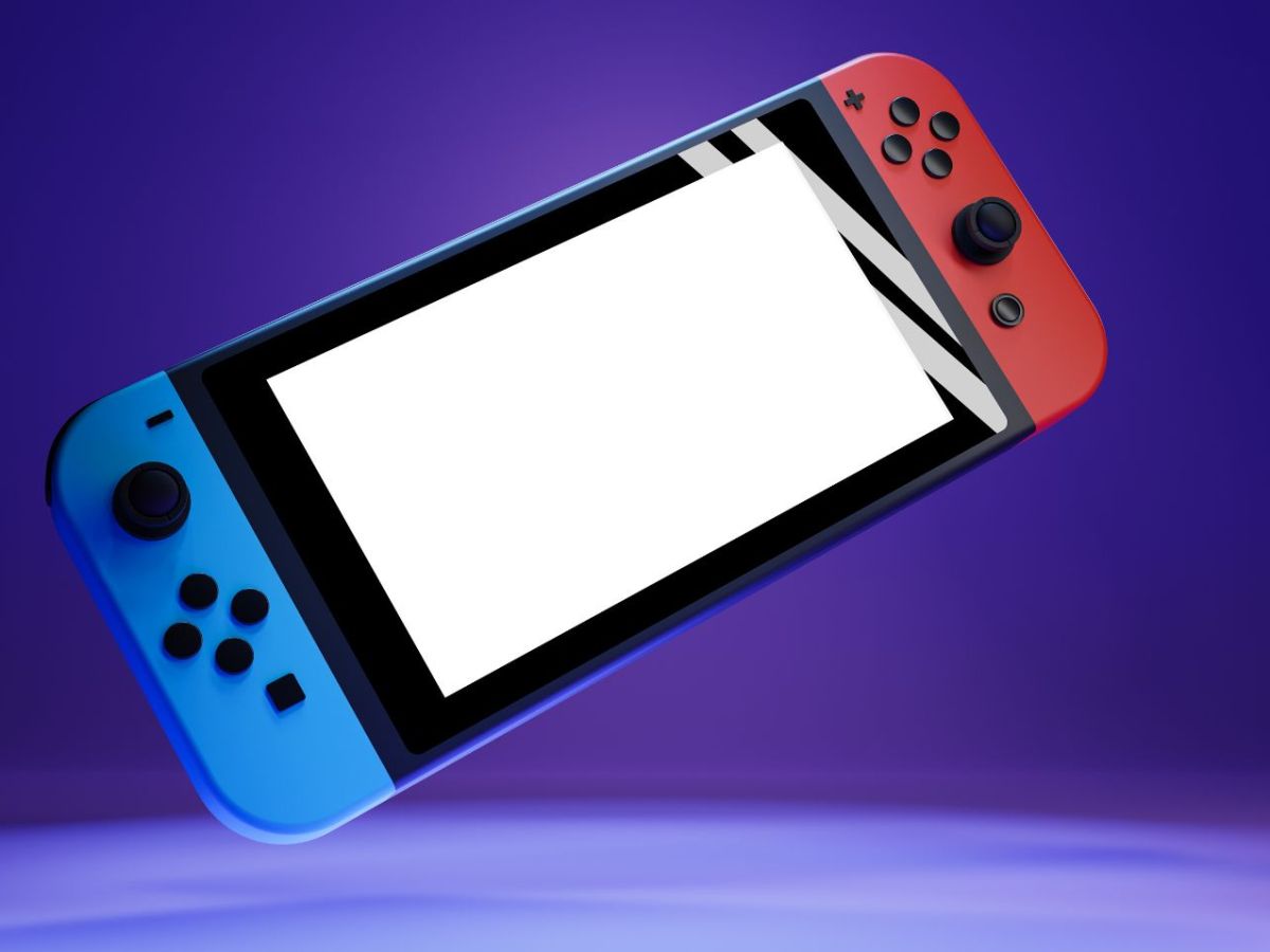 Grafische Darstellung einer Nintendo Switch vor lila Hintergrund.