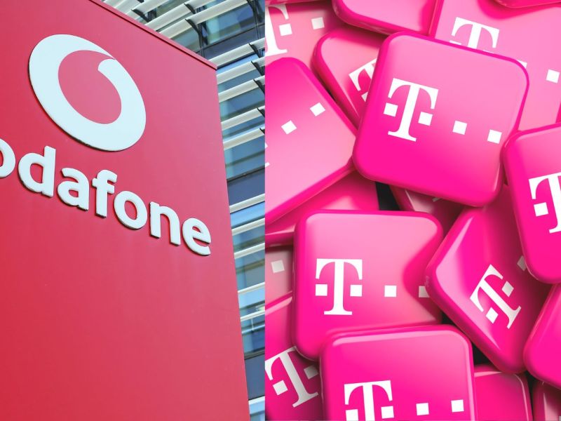 Vodafone, Telekom Logos nebeneinander (Collage)